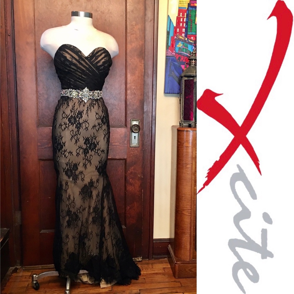 Xcite Black Lace Strapless Formal Gown w Crystals